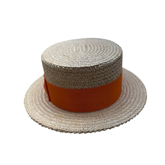 Vtg 30s 40s Ponte Rialto Italian Straw Boater Hat Orange Ribbon Band Sz 7 56 - Picture 3 of 9